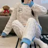 Fábrica fuente pijama nuevo de manga larga de forro polar coral para mujer otoño e invierno franela gruesa invierno conjunto para estar en casa
