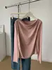 28.5% algodón, diseño de nicho estilo coreano, camiseta elegante y estilosa de manga larga para mujer con cuello drapeado, corte ajustado, colección otoño 2026