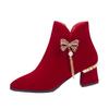 Botas de Novia para Celebridades de Internet Otoño e Invierno 2025 Nuevas Botas Festivas de Boda Color Vino Tinto Borla de Pedrería Tacón Grueso Pies sin Cansancio Botas de Moda