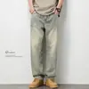 Jeans Retro Estilo Americano para Hombre Holgados Rectos Lavado Teñido Barro Amarillo Pantalones de Pierna Ancha con Forro Polar Engrosados Marca de Moda Estilo Otoño e Invierno