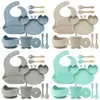 Set de Alimentación para Bebé de Silicona de 9 Piezas - Plato Dividido con Ventosa y Tazón con Forma de Cangrejo con Babero Ajustable y Utensilios
