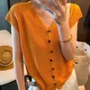 Nuevo estilo de verano cárdigan sin mangas de seda helada con cuello en V, color liso, simple, con pequeñas mangas acampanadas, top femenino delgado estilo coreano, moderno y rejuvenecedor