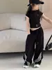 Pantalones Casuales Modernos Estilo Americano para Niñas Princess Yuyu Diseño con Puntadas de Cinta para Niños Pantalones de Chándal de Pierna Ancha Hip-Hop Street Dance