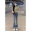 Calça Jeans Elastizada Feminina Retro Americana Plus Size Menina Cheinha Versátil Emagrecedora Design de Alto Padrão Moda Coreana Calça Micro Flare