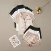 Pijama de Cetim Russo Europeu e Americano para Mulheres, Cardigã de Outono e Inverno, Calça Longa de Manga Curta, Conjunto de Seis Peças para Casa