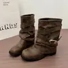 Botines de mujer estilo coreano hasta la pantorrilla con hebilla de cinturón, nuevo modelo de verano, botines Martin marrones de punta redonda, tacón medio, botines cortos plisados