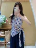Top Halter Floral de Cuello en V Estilo Francés para Mujer, Diseño de Verano Ajustado, Blusa Única Irregular Retro de Nicho con Atado
