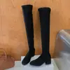 Botas de outono e inverno de salto médio over-the-knee, botas longas, botas femininas de camurça justas e elásticas, efeito emagrecedor, bico redondo sexy, versátil