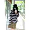 Camiseta Listrada de Manga Longa da Marca Americana Retro Tendência para Mulheres, Camada Base Interna para Primavera e Outono, Top Elegante Soltinho Emagrecedor
