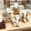 Lazo para el pelo de tela a cuadros color beige dulce estilo coreano para niñas, diadema doble infantil con estampado de lunares florales