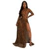 20200 Fornecimento Direto da Fábrica Amazon Europeu e Americano Transfronteiriço Feminino Sexy Estampa de Leopardo Transparente Boate Saia Longa com Fenda Conjunto