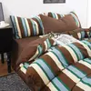 Listras Simples Ins Espuma de Leite Gaze Dupla Conjunto de Roupa de Cama de Quatro Peças Folha Macia Respirável Amiga da Pele Capa de Edredom Conjunto para Dormitório Lençol com Elástico