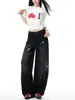 Jeans Retro con Estampado de Estrellas Negro y Gris Diseño de Otoño para Mujer Calle Alta Americano Sueltos Caída Pantalones de Pierna Ancha