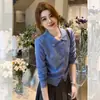 Cardigan de Tricô Elegante Azul Estilo Coreano com Gola Polo, de Botão Único, Manga Longa para Mulheres, Roupa de Outono, Top Curto Super Bonito
