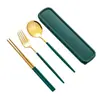 Palillos y Cuchara Set Tenedor de Acero Inoxidable Set de Tres Piezas Caja de Almacenamiento Linda para Estudiantes de Viaje Vajilla Portátil para Una Persona