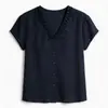 Camisa vintage roja de cuello en V con pliegues y manga corta para mujer, camisa ligera de verano de lujo de alta gama para ir al trabajo, top holgado y elegante
