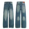 L831 Estilo High Street Americano Unisex Gama Alta Azul Lavado Remache Diseño Metálico Jeans Rectos Holgados para Hombre