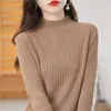 Suéter base de punto de manga larga de algodón puro con cuello alto medio para mujer, corto, cálido, simple y versátil