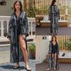 Blusa playera de rayón teñido anudado estilo europeo y americano transfronterizo, camisa de protección solar de largo medio, cárdigan, ropa de exterior de bikini de vacaciones para mujer