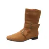 Stock Listo Hebilla Retro Botas Vaqueras Estilo Occidental para Mujer Otoño Nuevo Estilo Punta Cuadrada Tacón Grueso Gamuza Adelgazante Temperamento Botas de Media Caña