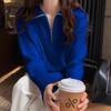 Suéter Retro Francés con Media Cremallera Top Otoño e Invierno Nuevo Abrigo Diseño de Solapa Sentido Suéter Holgado de Punto para Mujer