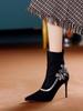 Zapatos de Celeb de Internet con Punta y Tacón Súper Alto para Mujer, Botines Elásticos Otoño e Invierno 2026 con Flores de Pedrería para Fiestas y Vestidos, Botines Cortos de Tacón de Aguja