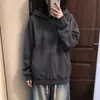 Moletom com zíper e capuz, estilo casual, coleção feminina 2026, corte solto, efeito emagrecedor, mangas compridas, forrado com fleece, cardigã preto, blusa leve