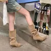 Botas Curtas Versáteis com Saltos Finos, Saltos Altos, Botas de Cowboy Ocidentais, Botas Curtas para Mulheres, Cor Damasco, Moda Emagrecedora Botas de Cano Médio Únicas