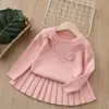 Conjunto de Suéter para Niñas Aekyung Ropa Infantil Otoño Invierno Nuevo Estilo Traje de Punto con Flores Falda Estilo Coreano Bebé Dulce Conjunto de Dos Piezas