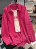 Camisa a Cuadros Color Pitahaya Fresca para Mujer, Corte Holgado, Adelgazante, Versátil, Manga Larga, Chaqueta Camisa Cardigan Protectora del Sol para Otoño y Verano
