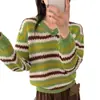 ¡Muy recomendado para uso personal! Suéter de punto calado con cuello en V y mangas largas, a rayas de bloques de color estilo coreano para mujer, perfecto para otoño, ofreciendo un look juvenil y suave.