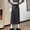 Saia de Terno Patchwork em Couro PU Preto para Mulheres, Saia de Cintura Alta Linha A para Outono, Comprimento Médio com Fenda nas Costas, Saia Bodycon de Corte Reto