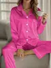 Pijama de Satín de Verano Transfronterizo Europeo y Americano, Cárdigan de Color Sólido con Solapa, Mangas Largas, Pantalones Largos, Superficie Lisa, Conjunto de Ropa de Casa para Mujer