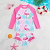 Novo maiô infantil transfronteiriço com estampa de flamingo, conjunto de natação fofo de renda com mangas compridas, maiô infantil de duas peças