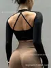 Top deportivo para mujer Shark de manga larga, sin costuras, de secado rápido, con espalda cruzada y almohadilla en el pecho incorporada, estilo europeo y americano, para fitness y yoga