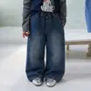 Pantalones vaqueros lavados de estilo retro coreano para niñas Maiyoyo, cintura elástica, pierna recta, pantalones largos casuales para niños pequeños