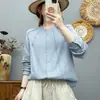 Camisa de gaze de algodão de camada dupla com gola alta e mangas compridas para mulheres, design artístico vintage com linhas plissadas, macia e agradável à pele, top de corte solto