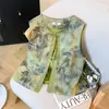 Tecido jacquard com paisagem estilo chinês de outono, terno de veludo dourado para mães, conjunto de três peças com calça e colete de manga longa