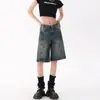 Shorts de mezclilla retro americanos para mujer, verano nuevos shorts de cintura alta adelgazantes holgados de pierna ancha para figuras petite