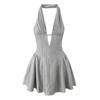 2025 Primavera y Verano Nuevo Estilo Elegante Empalmado Halter Vestido para Mujer Cuello en V Profundo Vestido Plisado Vestido de Falda Corta