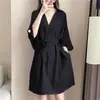Vestido-Camisa Feminino Plus Size Verão Novo Estilo Jin Fat Cintura Ajustada Esconde Barriga Elegante Gola Azul Aço Brilhante Preto