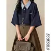 Camiseta de Manga Corta Holgada Estilo Retro de Verano para Estudiantes Hombres y Mujeres con Top de Cuello Polo Empalmado Falso de Dos Piezas