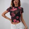 Camiseta Transpirable de Verano 2026 con Estampado Floral de Malla y Volantes de Manga Corta, Top Adelgazante para Mujer
