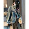 Moque Otoño Nuevo Diseño Color-Block Retro Coreano Cuello Solapa Holgada Casual Chaqueta de Mezclilla MQ1825