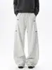 Pantalones deportivos plisados bordados blanco gris para hombre, otoño, estilo americano, caída, pantalones de fitness, marca de moda, pantalones casuales de pierna recta