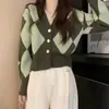 Suéter con Patrón de Diamantes para Mujer, Top Corto para Primavera y Otoño 2026, Diseño Elegante para Mujeres Petite, Chaqueta Cardigan Tejida con Cuello en V