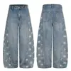Jeans de Pierna Ancha con Estampado de Estrella de Cinco Puntas en el Lado para Hombre, Nuevo Estilo de Primavera con Diseño Diagonal, Corte Holgado, Pantalones Largos Casuales para Mujer