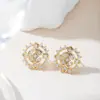Pendientes de Cobre con Circonita en Forma de Moneda de Girasol de Doble Capa, Pendientes Elegantes Chapados en Oro, Pendientes de Alto Nivel Estilo Francés al por Mayor