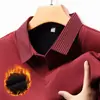 Conjunto de duas peças masculino de inverno com forro de fleece, camisa polo de manga longa versátil, top básico espesso para negócios casuais