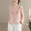 Nuevo Estilo Nacional Chino Bordado de Encaje Manga Corta Suéter Mujer Verano 2026 Nueva Ropa Retro para Mujer Casual Algodón Lino Top